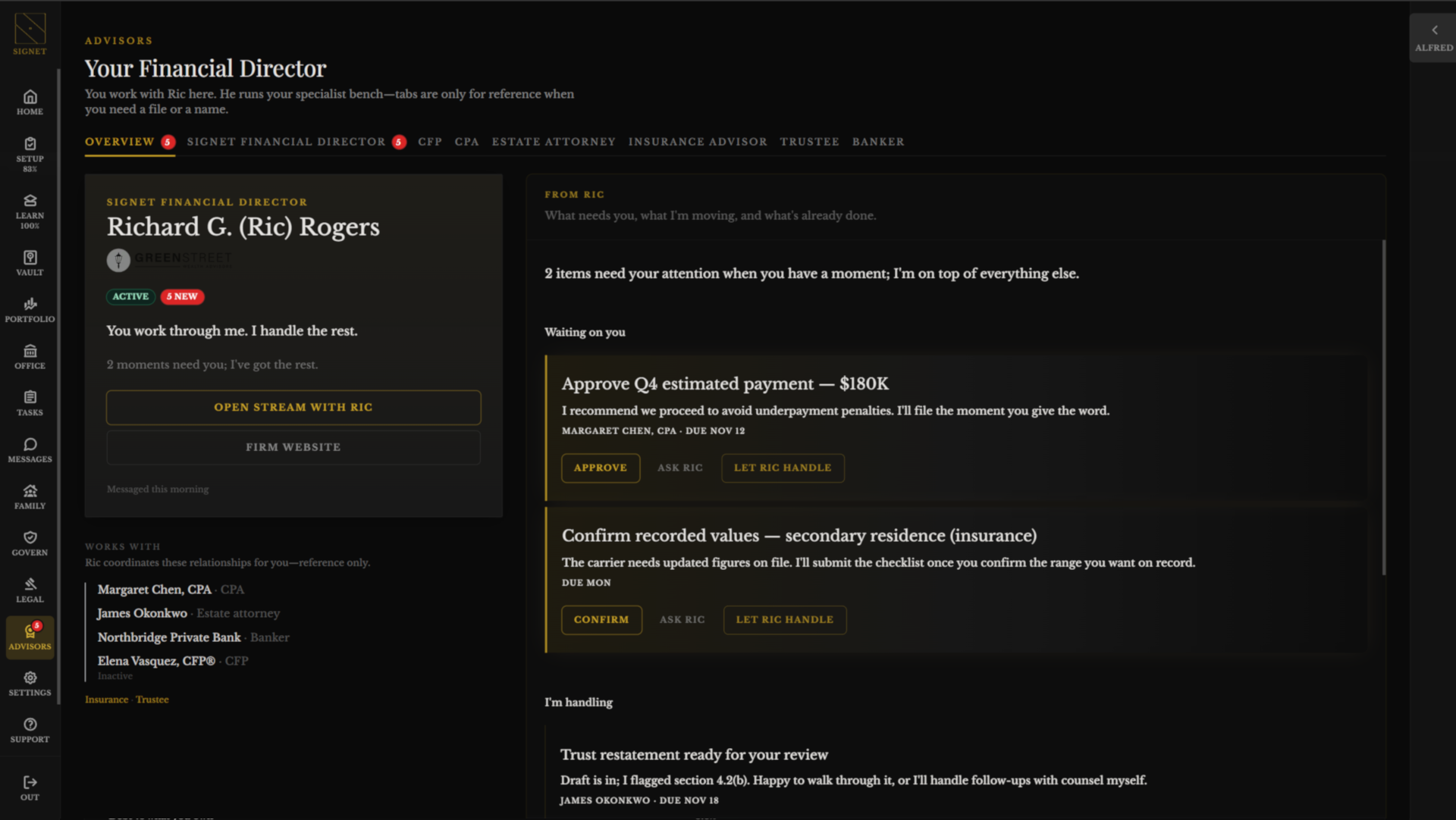 Signet dashboard: your financial picture and what needs your attention—coordinated by your Financial Director